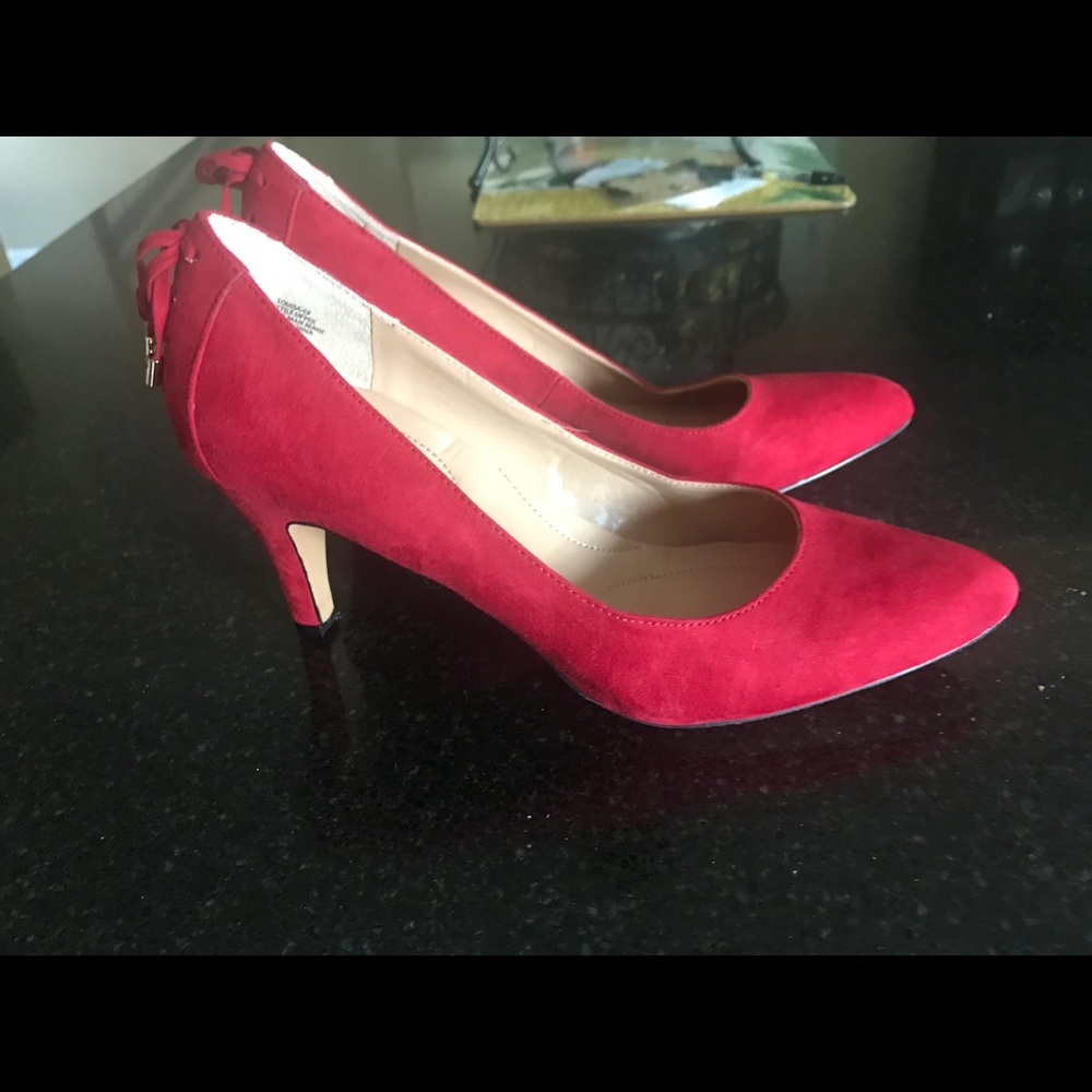 Red faux suede heels